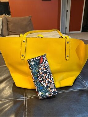 Coach yellow tote with super fun print wallet.